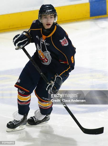 Alexander Burmistrov of the Barrie Colts skates in a game against the London Knights on October 16, 2009 at the John Labatt Centre in London,...