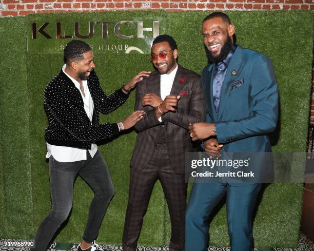 Players Tristan Thompson, John Wall and Lebron James share a laugh at the Klutch Sports Group "More Than A Game" Dinner Presented by Remy Martin at...