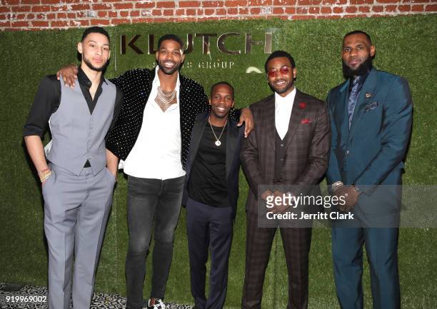 Klutch Sports founder Rich Paul poses with NBA Players Ben Simmons, Tristan Thompson, John Wall and Lebron James attend attends the Klutch Sports...