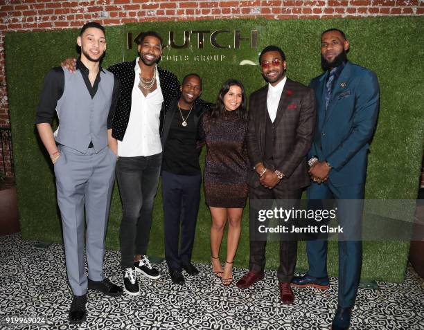 Klutch Sports founder Rich Paul and COO Fara Leff pose with NBA Players Ben Simmons, Tristan Thompson, John Wall and Lebron James attend attends the...