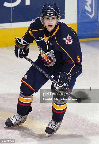 Luke Pither of the Barrie Colts skates in a game against the London Knights on October 16, 2009 at the John Labatt Centre in London, Ontario. The...