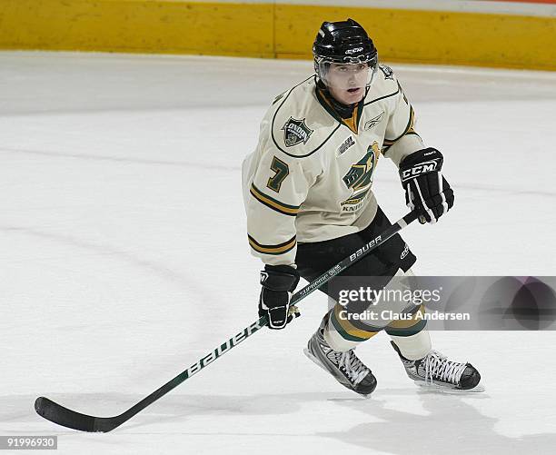 Matt Ashman of the London Knights skates in a game against the Barrie Colts on October 16, 2009 at the John Labatt Centre in London, Ontario. The...