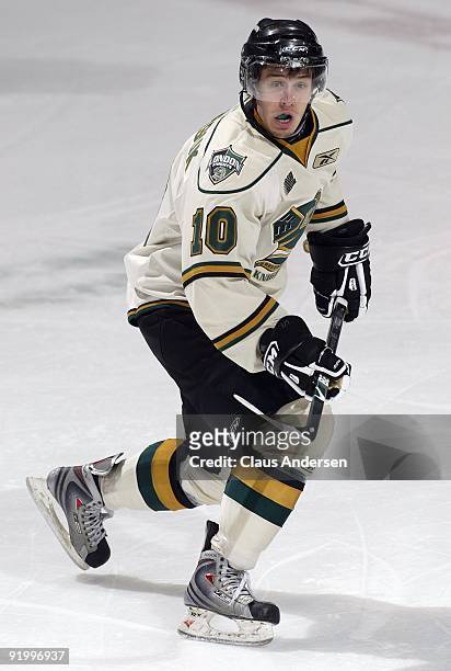 Steven Tarasuk of the London Knights skates in a game against the Barrie Colts on October 16, 2009 at the John Labatt Centre in London, Ontario. The...