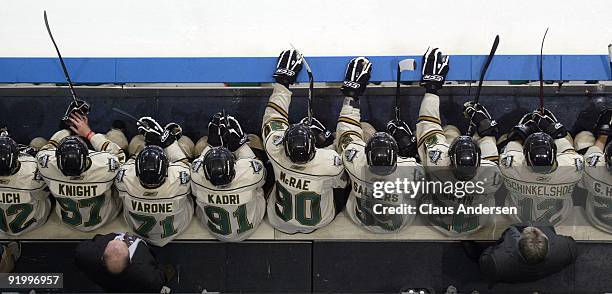 An overview of the London Knights bench during a game against the Barrie Colts on October 16, 2009 at the John Labatt Centre in London, Ontario. The...