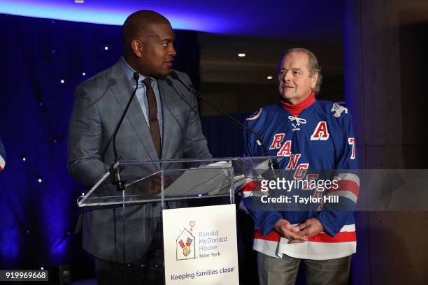 New York Ranger Kevin Weekes introduces Rod Gilbert during "Skate with the Greats" benefitting the Ronald McDonald House at The Rink at Rockefeller...