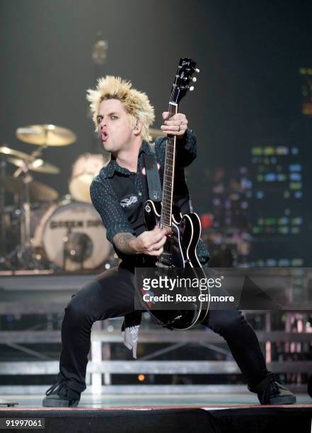 Green Day lead singer Billie Joe Armstrong performs on stage at the SECC on October 19, 2009 in Glasgow, Scotland.