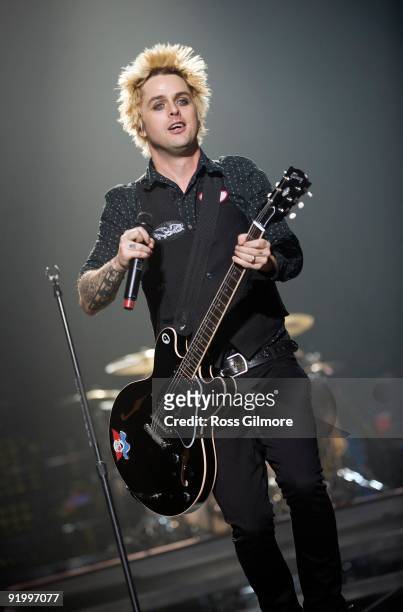 Green Day lead singer Billie Joe Armstrong performs on stage at the SECC on October 19, 2009 in Glasgow, Scotland.