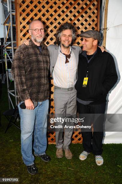 Bob Mould, Wayne Coyne and Scott Kannberg pose backstage on Day 2 of the Treasure Island Music Festival on October 18, 2009 in San Francisco,...