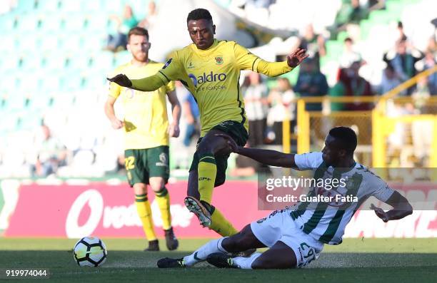 Pacos de Ferreira midfielder Gian Martins from Brazil with Vitoria Setubal defender Jose Semedo from Portugal in action during the Primeira Liga...