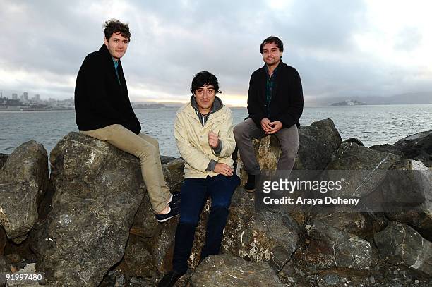 Chris Taylor, Ed Droste and Daniel Rossen of Grizzly Bear backstage on Day 2 of the Treasure Island Music Festival on October 18, 2009 in San...