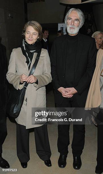 Director Michael Haneke and actress Charlotte Rampling attend the "The White Ribbon" Premiere at Cinematheque Francaise on October 19, 2009 in Paris,...