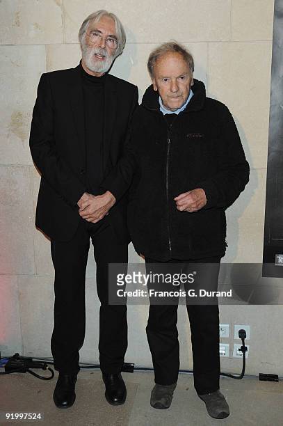Director Michael Haneke and French actor Jean-Louis Trintignant attend the "The White Ribbon" Premiere at Cinematheque Francaise on October 19, 2009...