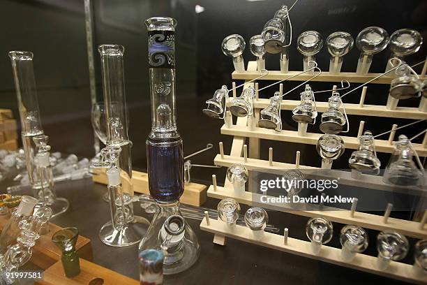 Bongs and other smoking devices are displayed at Private Organic Therapy , a non-profit co-operative medical marijuana dispensary, on October 19,...