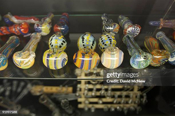 Pipes are displayed at Private Organic Therapy , a non-profit co-operative medical marijuana dispensary, on October 19, 2009 in Los Angeles,...