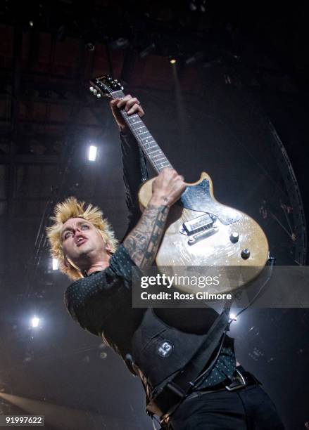 Green Day lead singer Billie Joe Armstrong performs on stage at SECC on October 19, 2009 in Glasgow, Scotland.