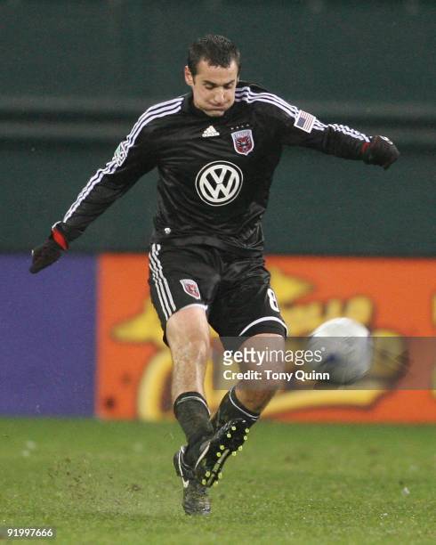Andrew Jacobson of D.C. United boots the ball up field during an MLS match against the Columbus Crew at RFK Stadium on October 17, 2009 in...