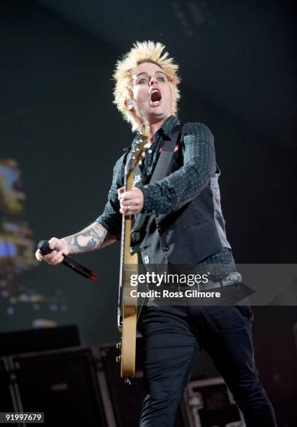 Green Day lead singer Billie Joe Armstrong performs on stage at SECC on October 19, 2009 in Glasgow, Scotland.
