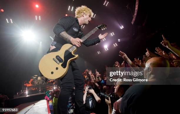 Green Day lead singer Billie Joe Armstrong performs on stage at SECC on October 19, 2009 in Glasgow, Scotland.