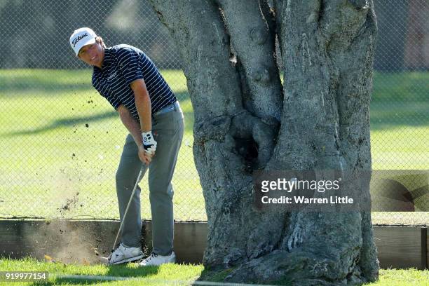 Derek Fathauer plays his shot on the second hole during the final round of the Genesis Open at Riviera Country Club on February 18, 2018 in Pacific...