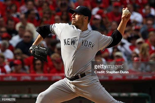 Andy Pettitte of the New York Yankees pitches against the Los Angeles Angels of Anaheim during Game Three of the ALCS during the 2009 MLB Playoffs at...