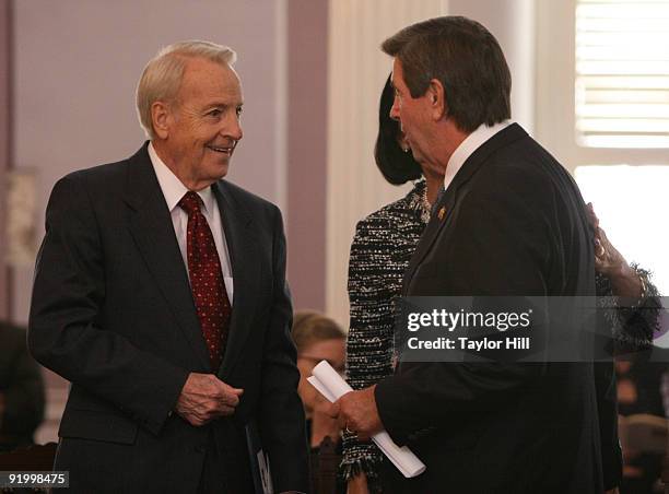 Former Governor Albert Brewer and Governor Bob Riley attend the 2009 Alabama Academy of Honor Inductions at the Old House Chambers on October 19,...