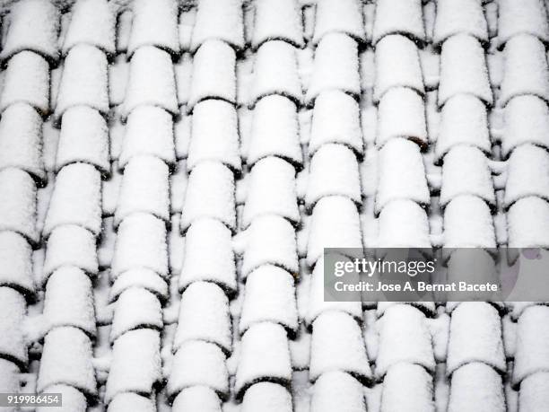 full frame of roof tiles covered in snow. spain - abundance tiles stock pictures, royalty-free photos & images
