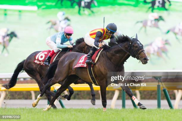 Jockey Hiroyuki Uchida riding Mousquetaire wins the Meguro Kinen at Tokyo Racecourse on May 26, 2013.