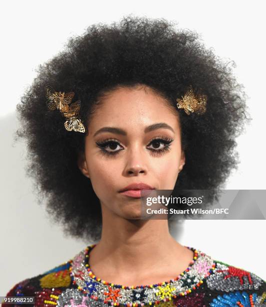 Model backstage ahead of the Ashish show during London Fashion Week February 2018 at BFC Show Space on February 18, 2018 in London, England.