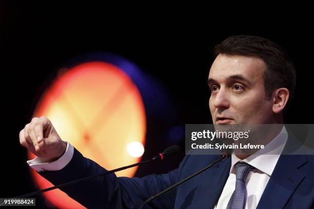 Florian Philippot, leader of far-right movement "Les Patriotes" delivers a speech during their first congress on February 18, 2018 in Arras, France....