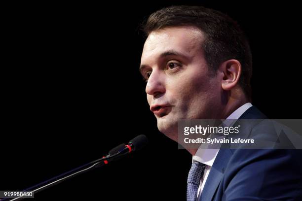 Florian Philippot, leader of far-right movement "Les Patriotes" delivers a speech during their first congress on February 18, 2018 in Arras, France....