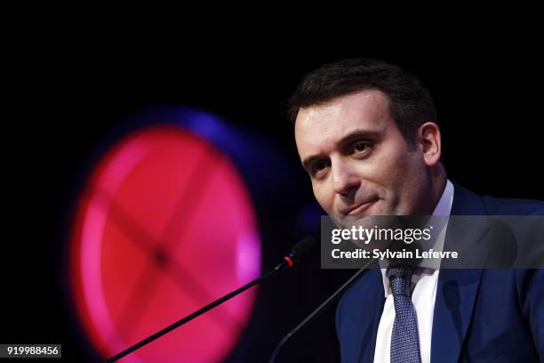 Florian Philippot, leader of far-right movement "Les Patriotes" delivers a speech during their first congress on February 18, 2018 in Arras, France....