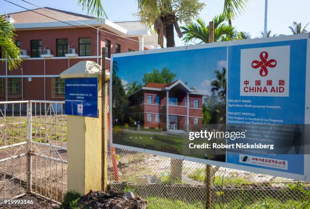 Sign announces Chinese economic aid for the construction of a Grenadian government agriculture building February 12, 2018 at La Sagesse Beach,...