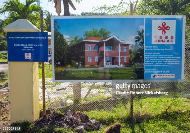 Sign announces Chinese economic aid for the construction of a Grenadian government agriculture building February 12, 2018 at La Sagesse Beach,...