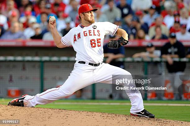 Kevin Jepsen of the Los Angeles Angels of Anaheim pitches against the New York Yankees during the eighth inning in Game Three of the ALCS during the...