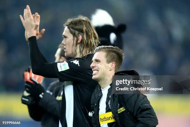 Patrick Herrmann of Moenchengladbach looks dejected after losing 0-1 the Bundesliga match between Borussia Moenchengladbach and Borussia Dortmund at...