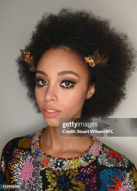 Model backstage ahead of the Ashish show during London Fashion Week February 2018 at BFC Show Space on February 18, 2018 in London, England.