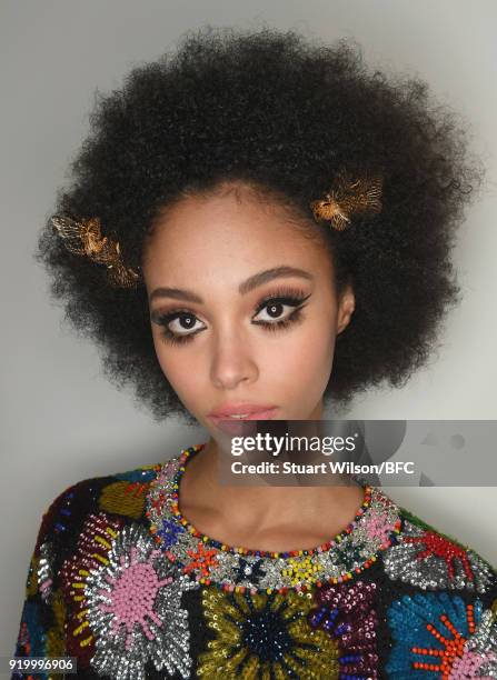 Model backstage ahead of the Ashish show during London Fashion Week February 2018 at BFC Show Space on February 18, 2018 in London, England.