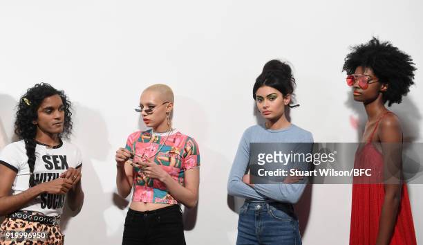 Models backstage ahead of the Ashish show during London Fashion Week February 2018 at BFC Show Space on February 18, 2018 in London, England.