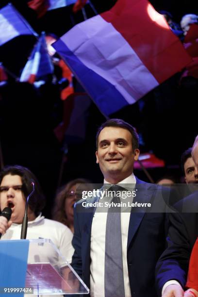 Florian Philippot, leader of far-right movement "Les Patriotes"on stage during their first congress on February 18, 2018 in Arras, France. Marine le...