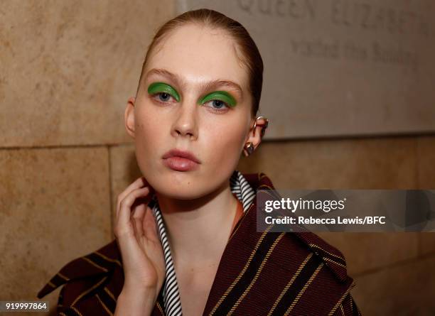 Model backstage ahead of the palmer//harding show during London Fashion Week February 2018 at on February 18, 2018 in London, England.