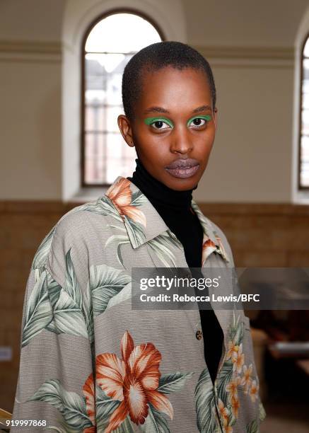 Model backstage ahead of the palmer//harding show during London Fashion Week February 2018 at on February 18, 2018 in London, England.