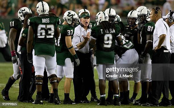 Head coach Jim Leavitt of the South Florida Bulls tries to fire up his team against the Cincinnati Bearcats during the game at Raymond James Stadium...