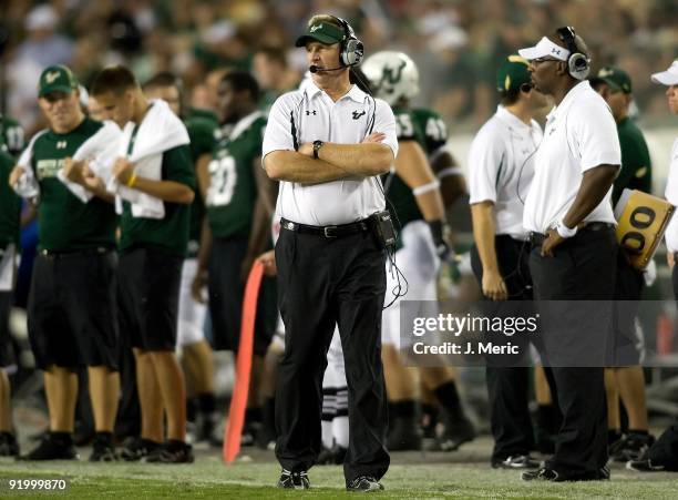 Head coach Jim Leavitt of the South Florida Bulls directs his team from the bench against the Cincinnati Bearcats during the game at Raymond James...