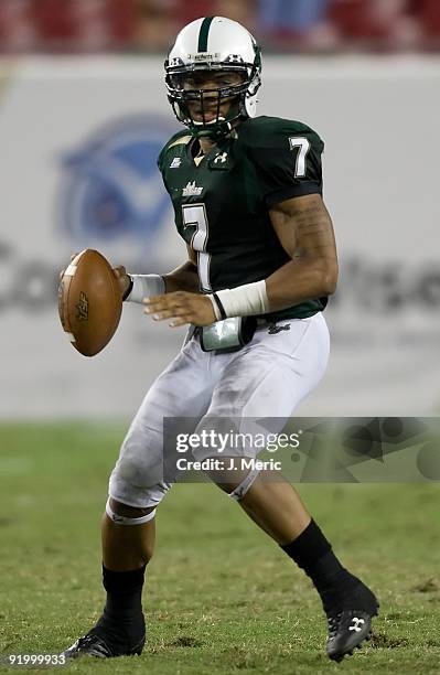 Quarterback B.J. Daniels of the South Florida Bulls looks for an open receiver against the Cincinnati Bearcats during the game at Raymond James...