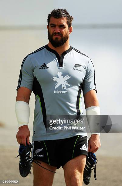 Cory Flynn of the All Blacks arrives for the New Zealand All Blacks training session at the Waitakere Trusts Stadium on October 20, 2009 in Auckland,...