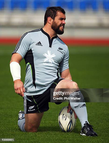 Cory Flynn of the All Blacks warms up before a New Zealand All Blacks training session at the Waitakere Trusts Stadium on October 20, 2009 in...