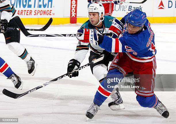 Marian Gaborik of the New York Rangers takes a shot against the San Jose Sharks on October 19, 2009 at Madison Square Garden in New York City.