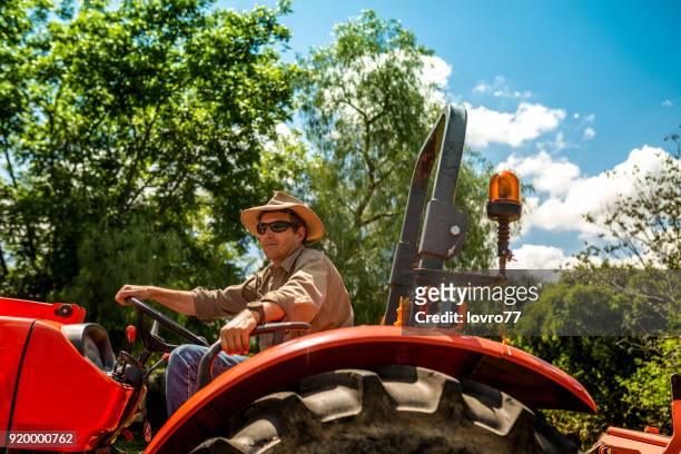 der bauer pflegt seine farm mit einem traktor - australische herder stock-fotos und bilder