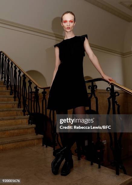 Model backstage ahead of the palmer//harding show during London Fashion Week February 2018 at on February 18, 2018 in London, England.