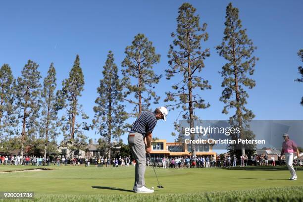 Derek Fathauer putts on the first green during the final round of the Genesis Open at Riviera Country Club on February 18, 2018 in Pacific Palisades,...